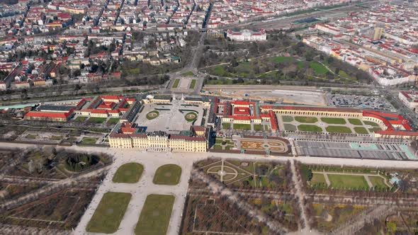 Flight in the afternoon over Schonbrunn Park in Vienna. View of the palace from above. Austria alt