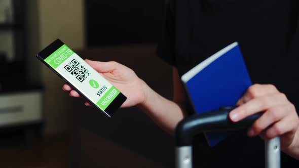 Vaccination Passport on a Mobile Phone Allowing Travel in Suitcase alt