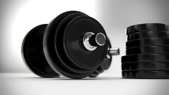 Animation of vinyl dumbbells. A 3D view of weightlifting equipment. HD alt