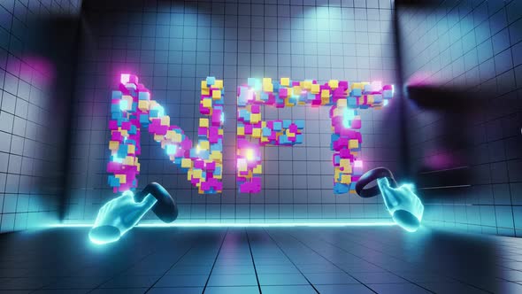 Internet interface concept: when in virtual reality.  Drag the virtual hand. The word NFT appears. alt