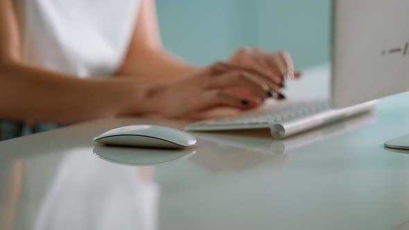 Businesswoman Hands Working Desktop Computer at Futuristic Office Close Up alt