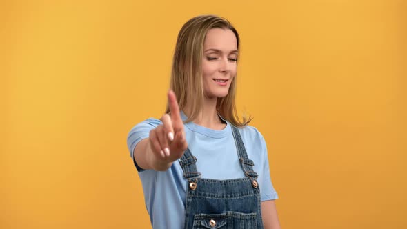 Portrait Cunning Alluring Woman Shaking Forefinger No Not Dont Want Gesture Smiling Posing Isolated alt