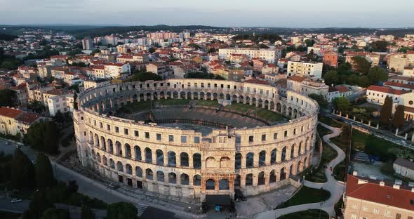 Aerial view of Pula arena and amphitheater in Pula old town, Croatia. alt