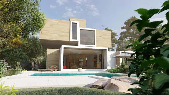 3 D Animation Of A Modern Cubic House With Pool And Garden L B  