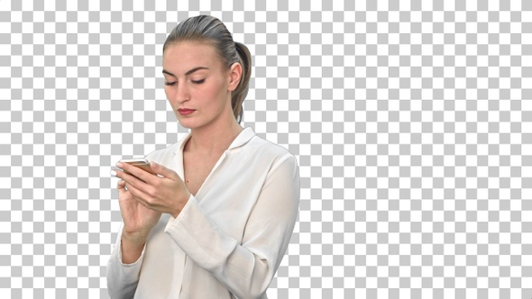 Pensive business woman using mobile cell, Alpha Channel