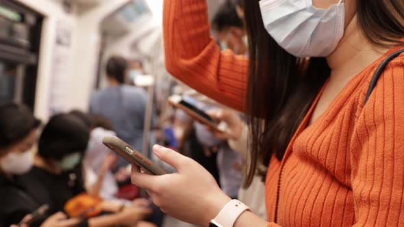 Young asian woman cover mouth , wear medical face mask to protect viruses alt