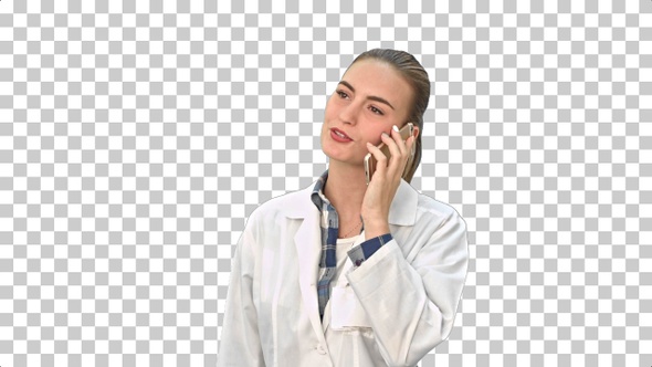 Young female doctor have a call to a patient, Alpha Channel