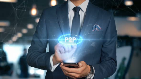 Businessman Smartphone Hologram Word   P2 P alt