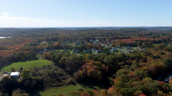 Small town of Haverhill and vast forestry landscape with autumn colors ...