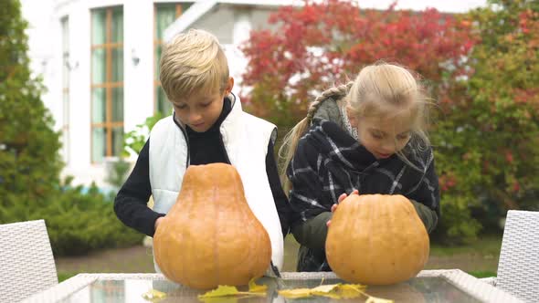 Happy Children Carving Pumpkin Jack-O-Lantern, Preparing for Halloween Party alt