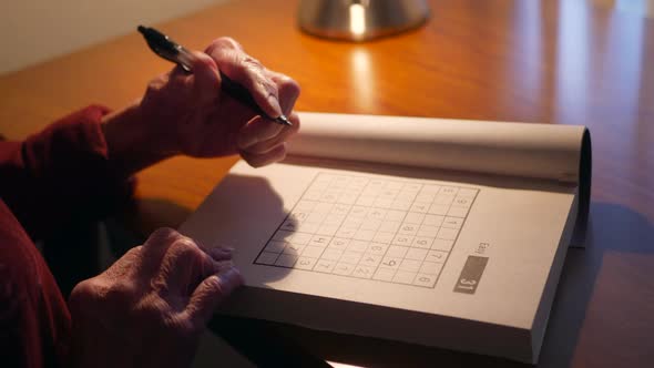 Middle aged caucasian woman with aging hands writing with a pen in a number puzzle book solving for alt