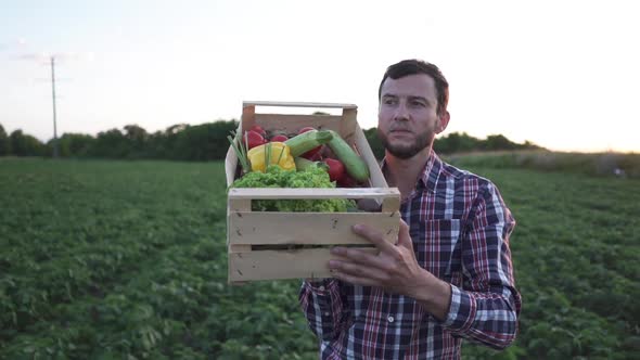 The Farmer is Holding a Box of Organic Vegetables