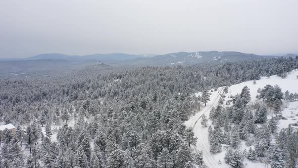 Aerial drone view of snowy unplowed back roads in Colorado surrounded by snow and ice covered pine t alt