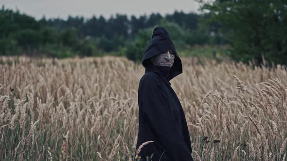 Dark ghost on a wheat field. Back view of a spooky figure in black cloak turning it's scary face alt