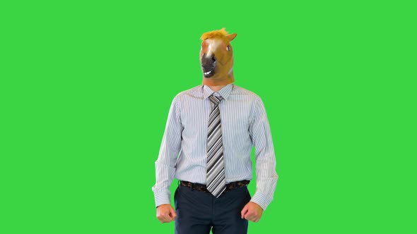 Businessman in Horse Mask Walk Pondering Thoughtful Rubbing Head Make Decision or Finding Solution