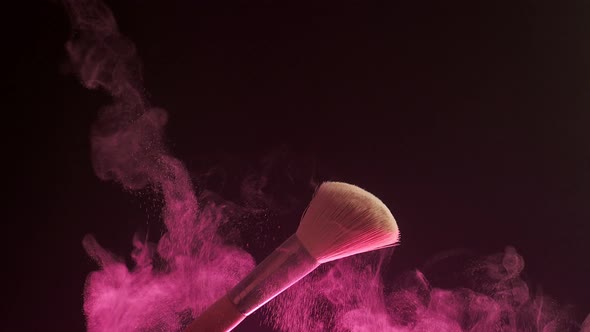 Makeup Brushes Touch Each Other on Dark Background and Small Particles of Cosmetics Slow Motion alt