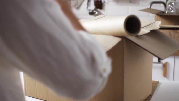 Woman Activist Taking Care Of Environment, Sorting Paper Waste Into Correct Cardboard Trash. A Woman alt
