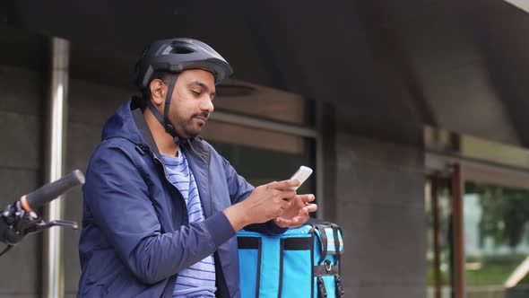 Delivery Man with Bag Smartphone and Bicycle alt
