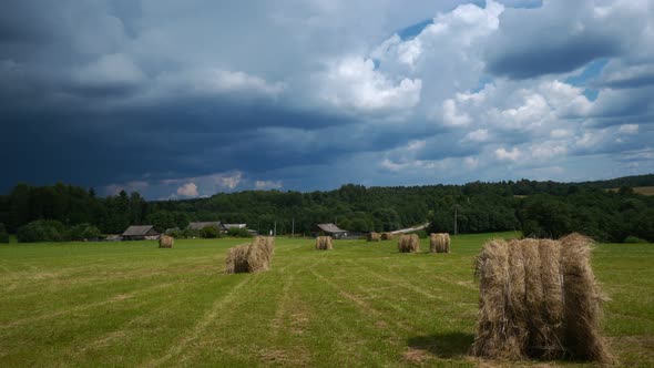 Hay bales on country field against the backdrop of farmhouse and forest