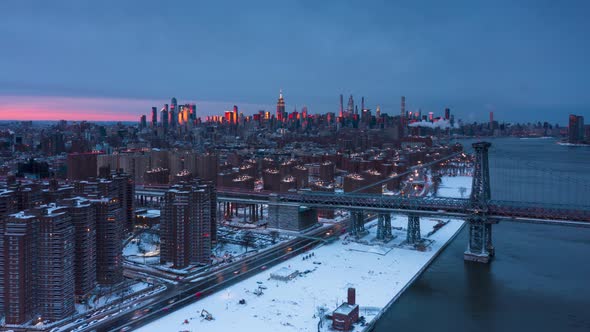 Aerial view on NYC at sunset after the snowstorm alt