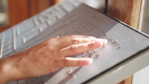 Blind Woman Reading Braille Book Top View Poorly Seeing Female Person Learning alt