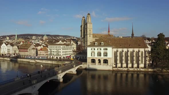 Aerial view of Water Church in Zurich, Switzerland alt