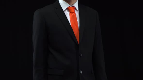 Businessman Presses His Finger in Front of Himself Then Flips Through for Business Graphic alt