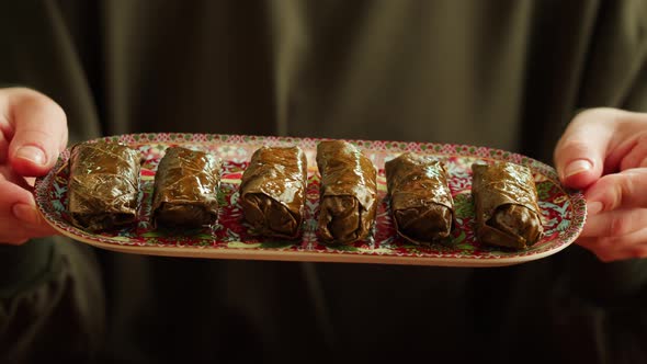 Dolma Closeup Meat in Grapes Leaves Middle Eastern National Traditional Food alt