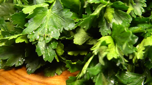 Spinach leaves, fennel, parsley, wild garlic and green onion on a wooden cutting board. alt