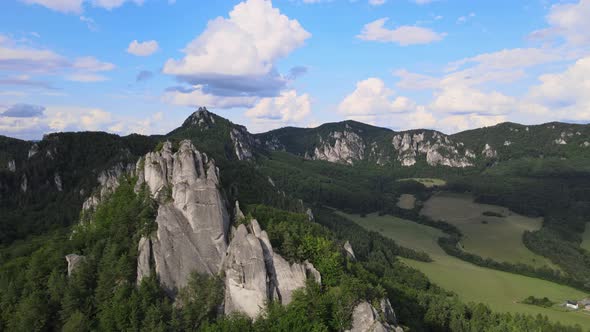 Aerial view of the Sulov rocks nature reserve in the village of Sulov in Slovakia alt