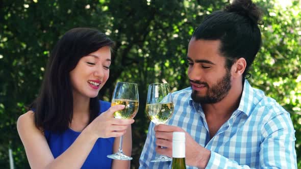 Smiling romantic couple toasting wine glasses alt