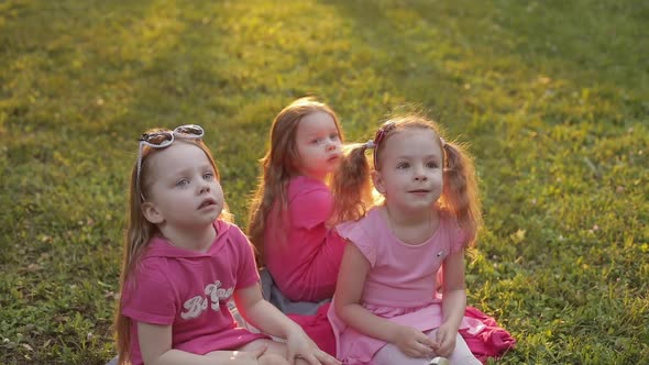 Three Girls Sitting on Grass in Park and Laughing