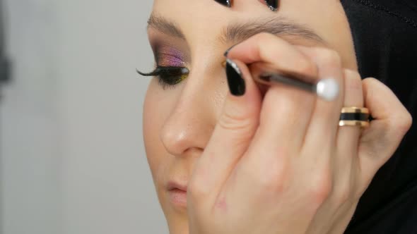 Fashionable Multicolored Eye Shadow Chameleon with Yellow Purple Gray Silver Color on the Eyelid of