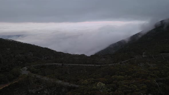 Fog and Mist above Mt Wellington (Kunanyi), Hobart, Tasmania Aerial Drone 4K
