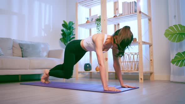 Asian young beautiful active sport woman doing cardio workout at home. alt