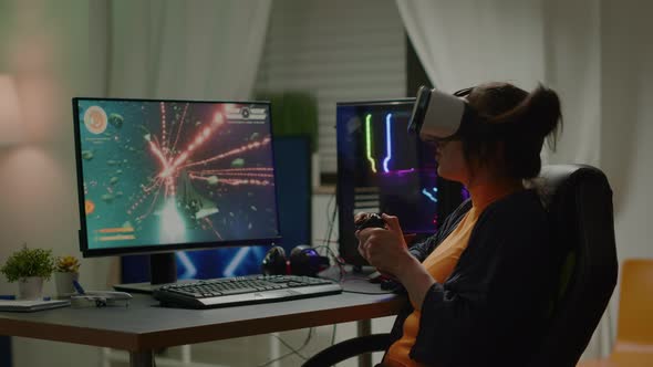 Furious Woman Gamer Wearing Virtual Reality Headset Losing Space Shooter alt