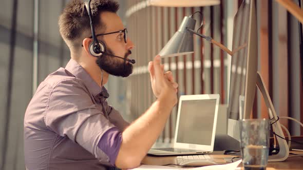 Businessman Remote Workplace On Camera Chatting Colleagues.Business Coach  Working Online Office. alt