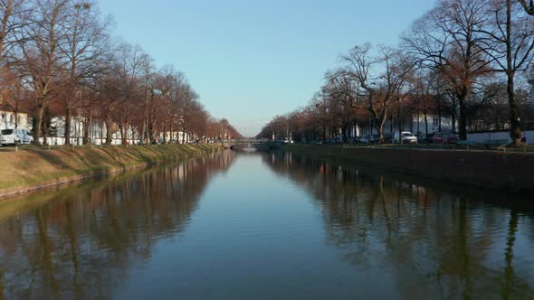 Canals in Munich Residential Neighbourhood on Beautiful Winter Day with Clear Blue Sky, Aerial alt