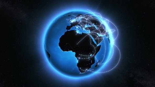 World connections with city lights. Blue. Spinning Earth with light lines. alt