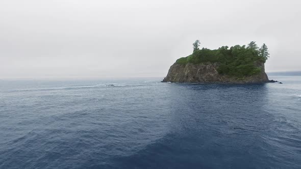 Drone shoots rocks and cliff in the ocean near Ruby Beach, Olympic National Park, Washington, USA alt