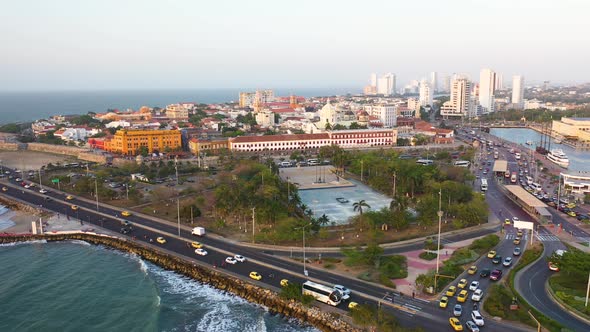 The Old Town of Cartagena De Indias City Traffic in the Evening Colombia Aerial View alt