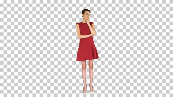 Attractive young woman in red dress standing, Alpha Channel alt