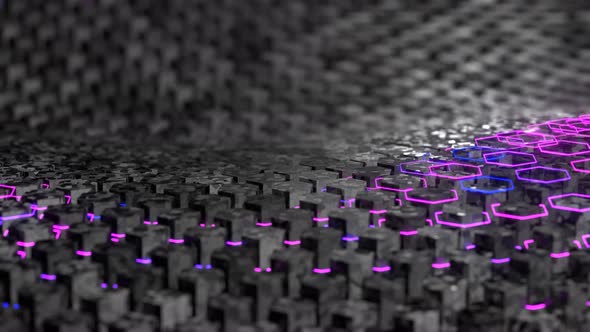 Waves of a seamless loop of hexagons. Animation of a swinging surface. Honeycomb hexagonal luminous