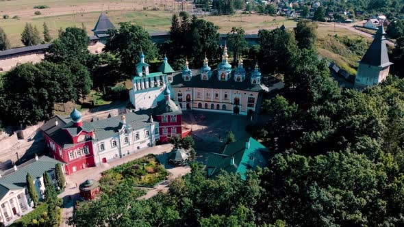 Aerial View at the Walls of the Holy Dormition Pskovo-Pechersky Monastery. Pechory, Russia.