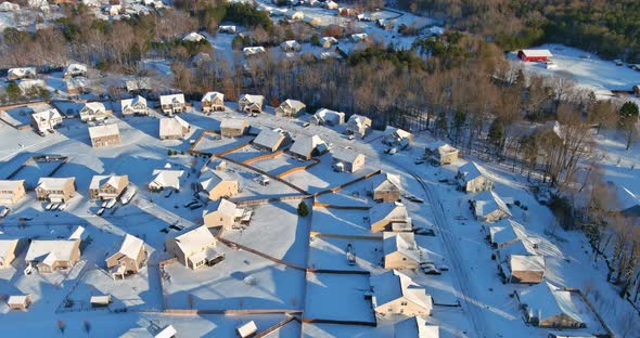 Aerial View of Landscape Small Town with Apartment Complex Covered in the Wonderful Winter Scenery alt