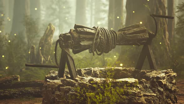 Old Stone Draw Well in the Forest with Fog alt