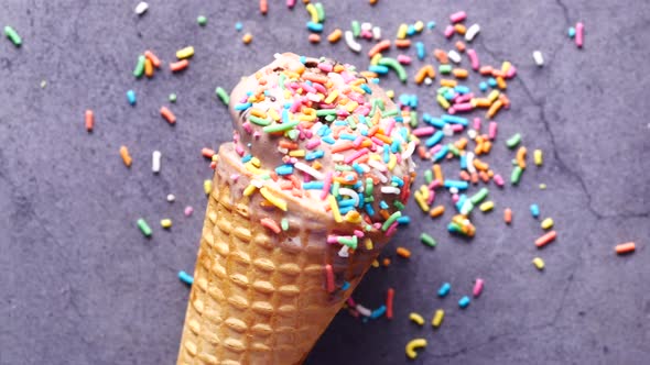 Top View of Cone Ice Cream on a Black Background alt