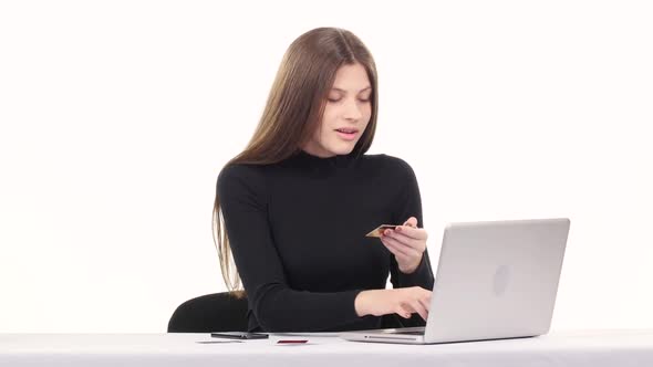 Girl Buyer Orders a Product Online and Immediately Receives It. White alt