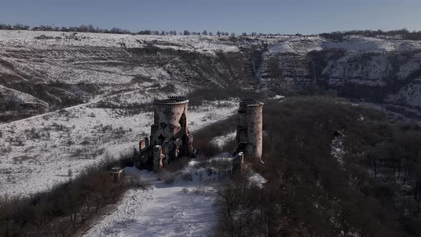 Ruins of Medieval Castle with Two Towers Aerial Drone View