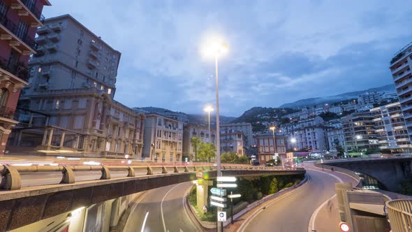 Timelapse of traffic in Monaco at dusk alt